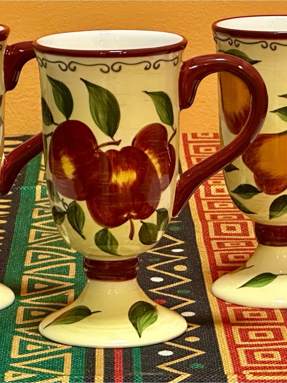 Vintage Sonoma Lifestyle Hand-Painted Ceramic Fruit Pedestal Latte Mugs Set of 3